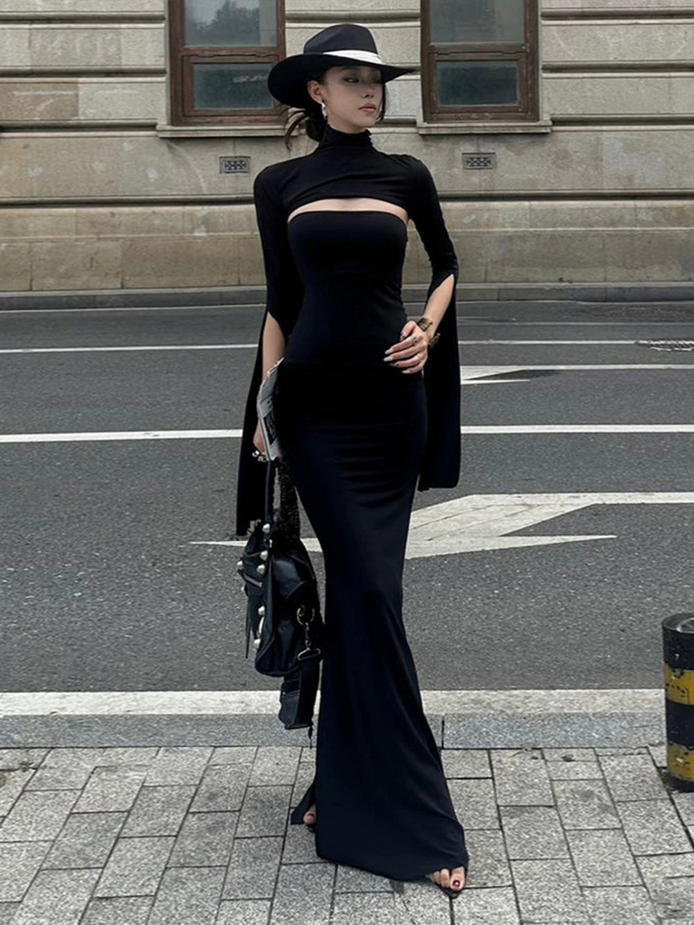 ZARA Black Designer Slim Fit Mermaid Maxi Dress High Neck Cutout Slit